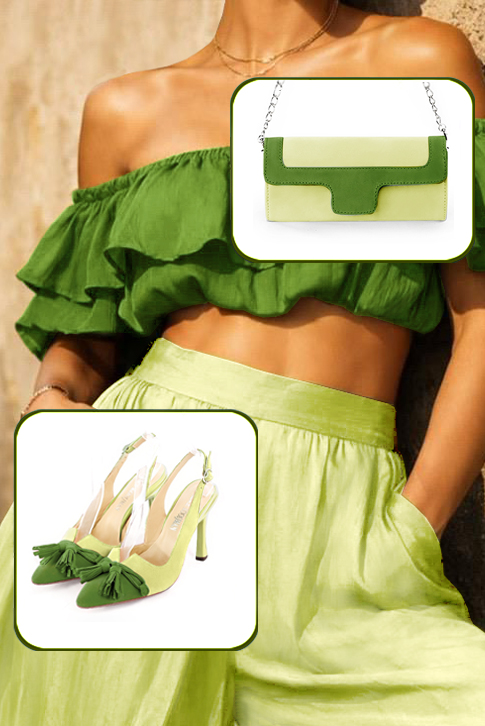 Women's grass green and pistachio green elegant slingback heels, with a bow on the front. Tapered toe. High spool heels - Worn view